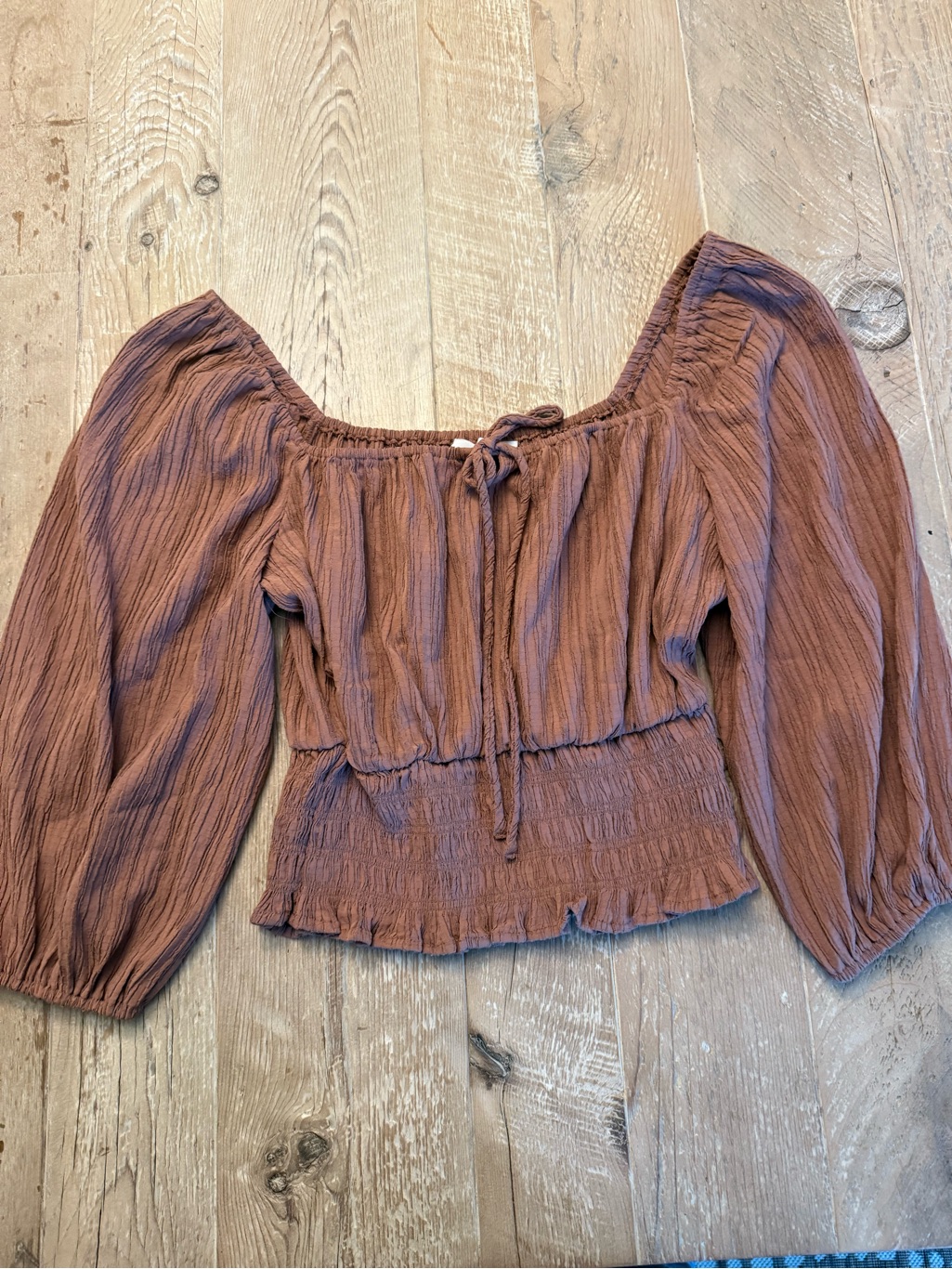 Lush Rust Brown Smocked Crop Peasant Top S